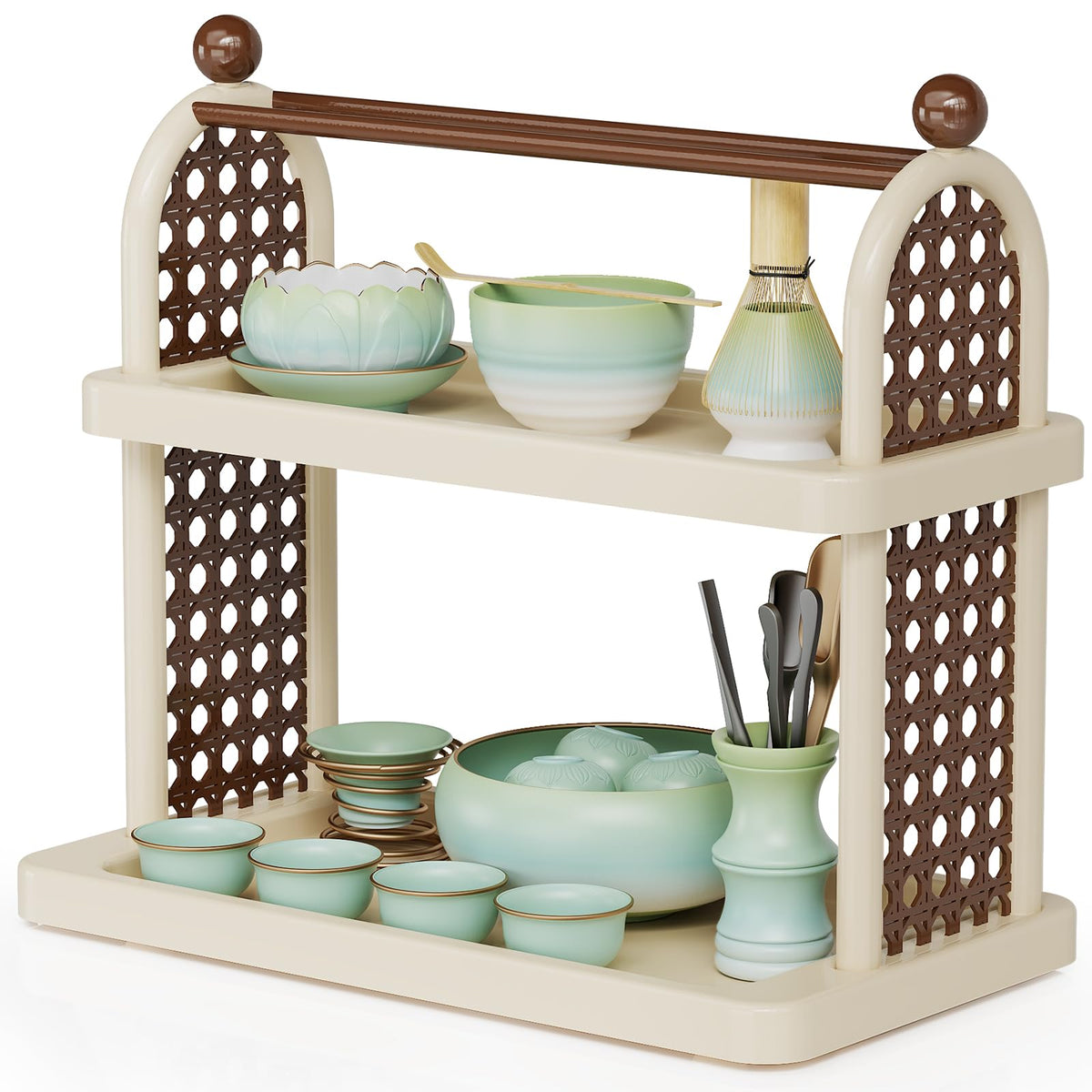NiHome Matcha Station Organizer Shelf, Multi-Tier Matcha & Coffee Stand, Plastic Countertop Mug Cup Bottle Display Tray Holder for Tea and Coffee Bar Accessories