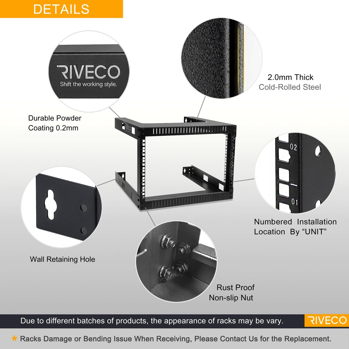 RIVECO 6U 19" Wall Mount Network Rack – 17.7" Deep 2 Post Shelf Open Frame Cabinet Easy Assembly Firm Constructed for Internet/Server/AV/Home Equipment/Patch Panel Heavy Duty Light Weight, Black
