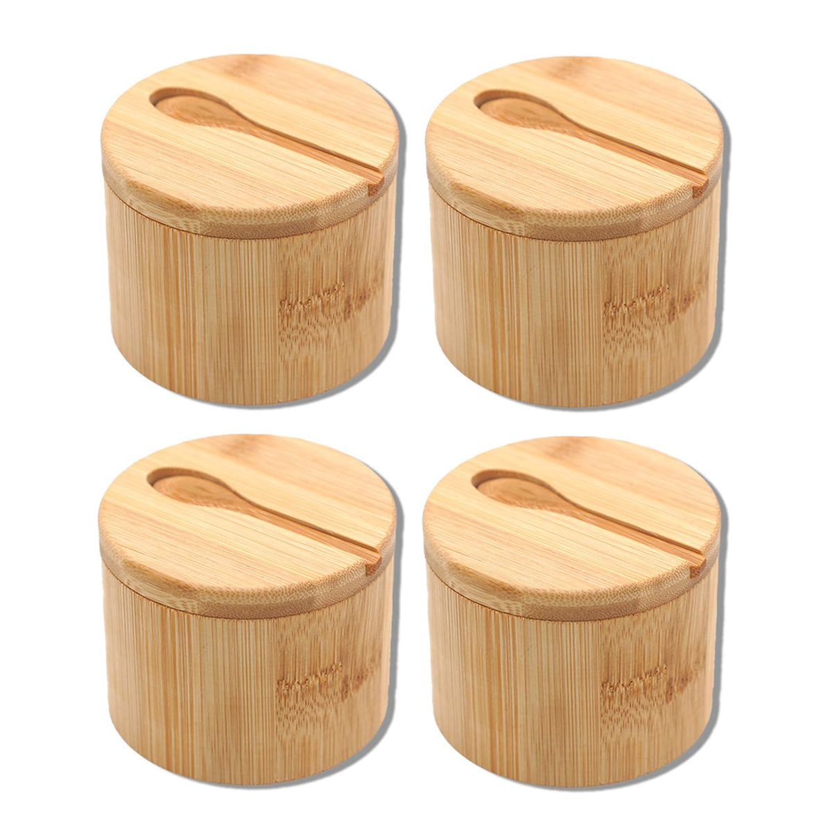 Bamboo Salt Cellar Set of 4 with Magnetic Swivel Lid & Spoon, Salt and Pepper Storage Container, Kitchen Countertop Organizer for Spices, Herbs