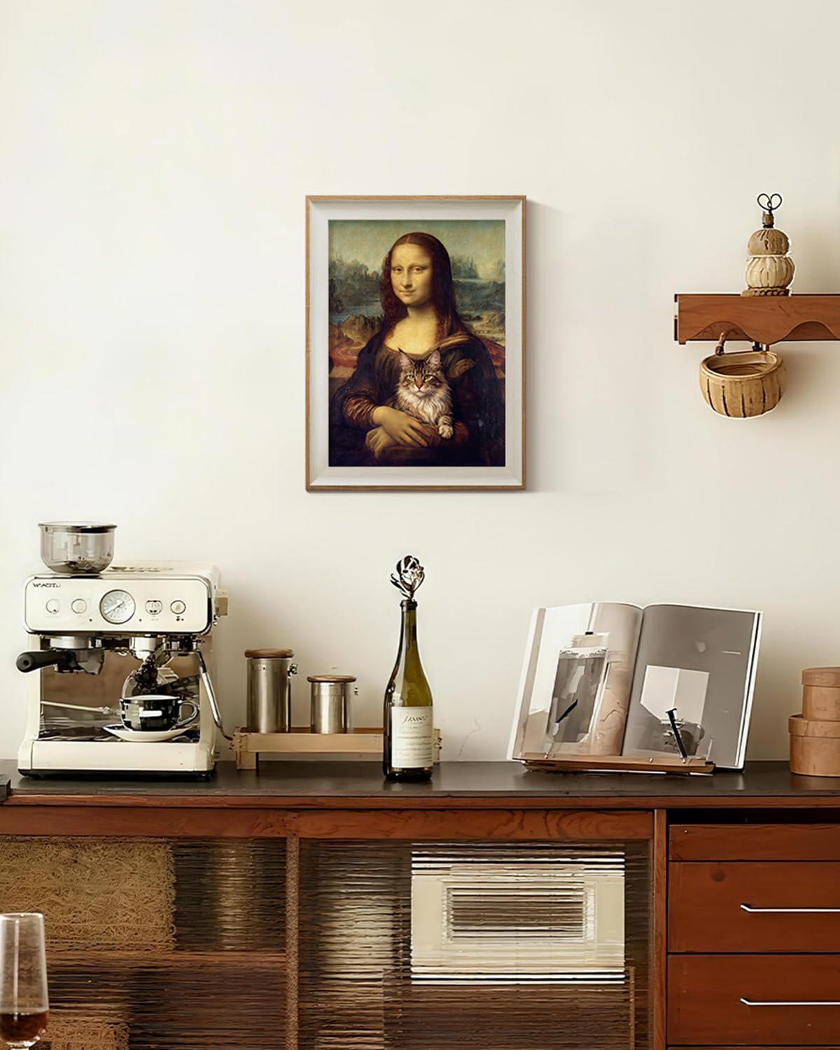 ARPEOTCY Framed Canvas Wall Art, 12x16 Mona Lisa-Inspired Portrait with Cat, Humorous Classical Style Wall Decor for Office Living Room Bathroom