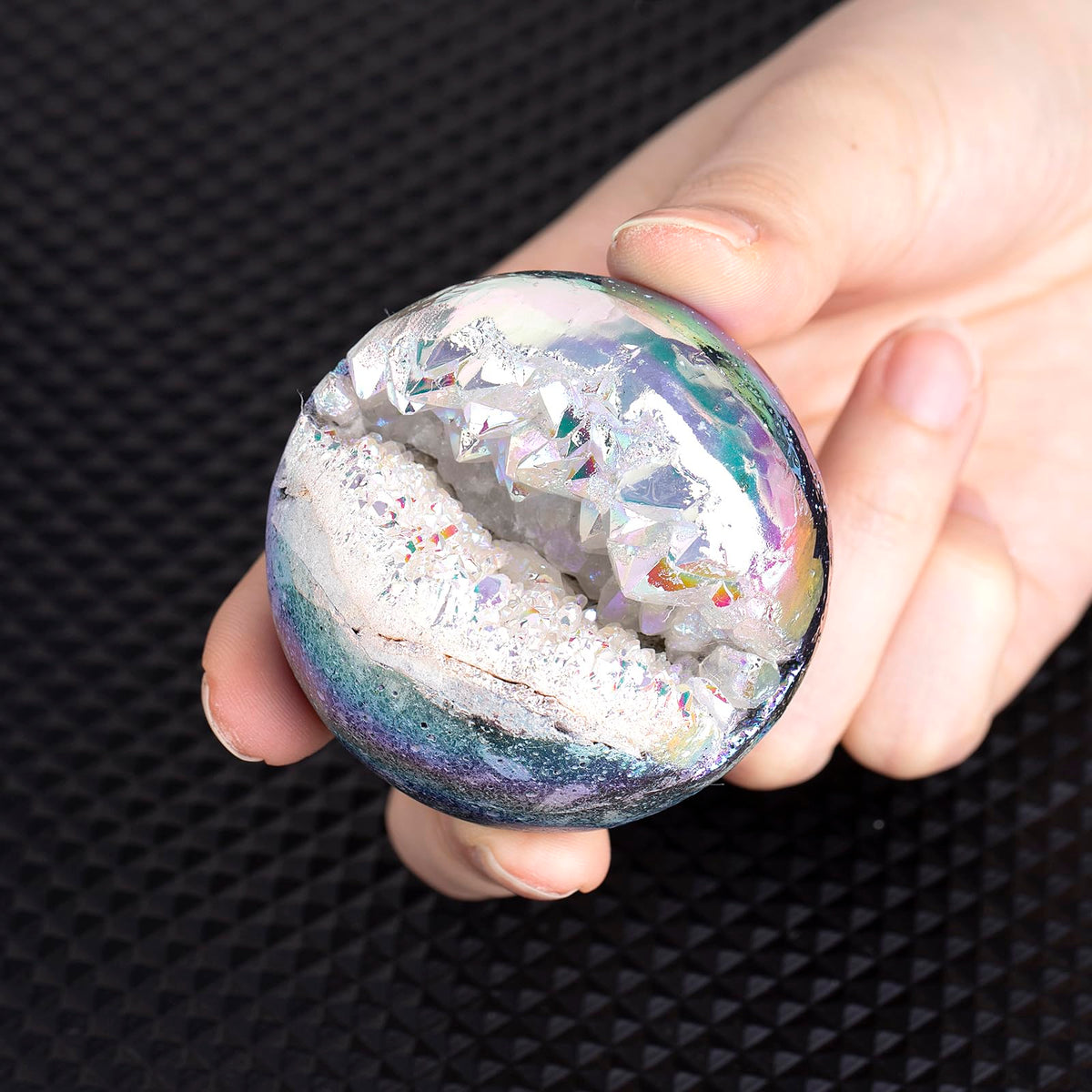 mookaitedecor Angel Aura Quartz Geode Sphere 51-60 mm, Natural Rock Crystal White Titanium Coated Crystal Ball with Stand for Divination Witchcraft Home Decor
