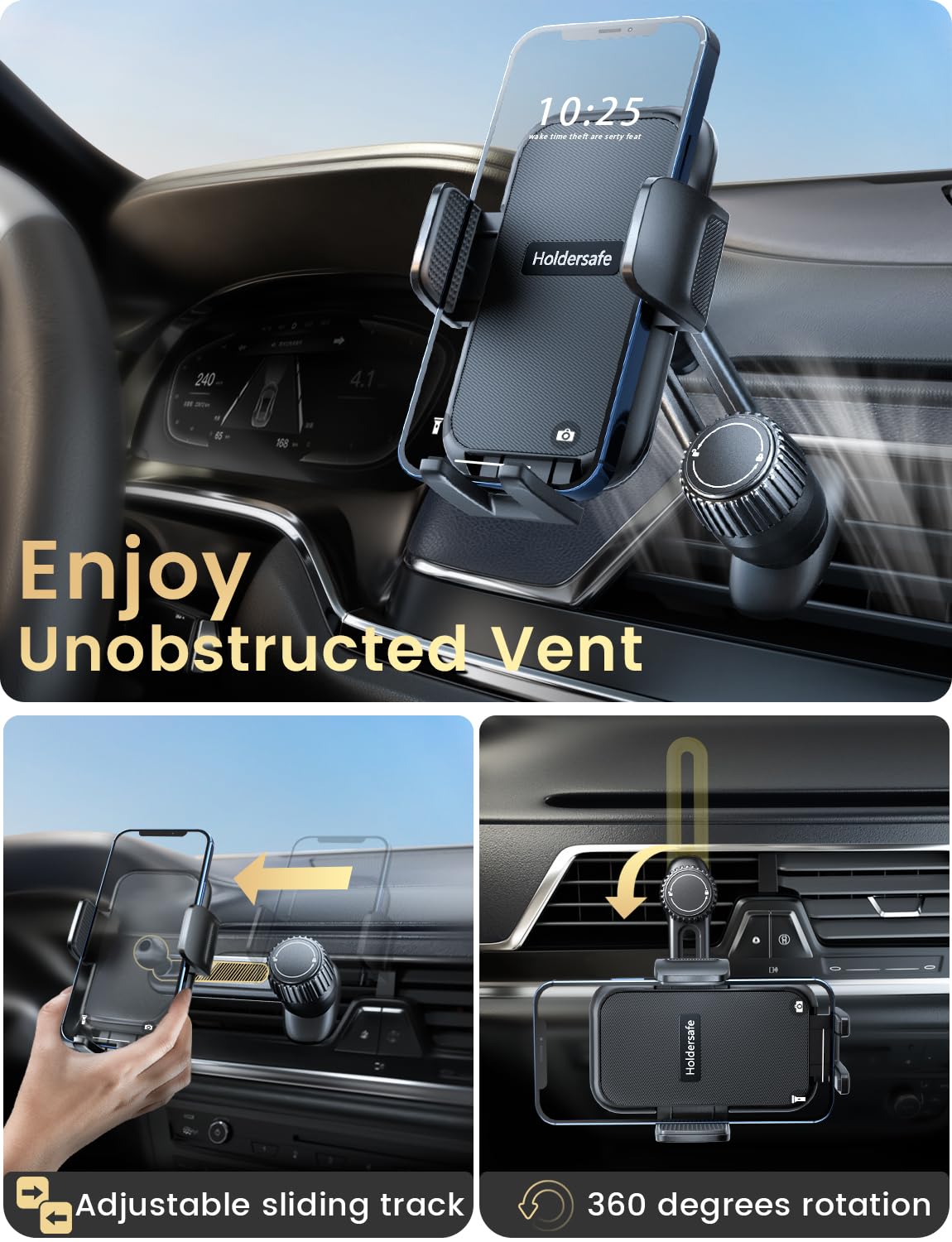 Holdersafe Phone Holders for Your Car: [Never Blocking] Air Vent Cell Phones Mount for iPhone 17 Pro Max & Samsung Android Smartphone [Thick Cases Friendly] Hands-Free Auto Mobile Phone Stand