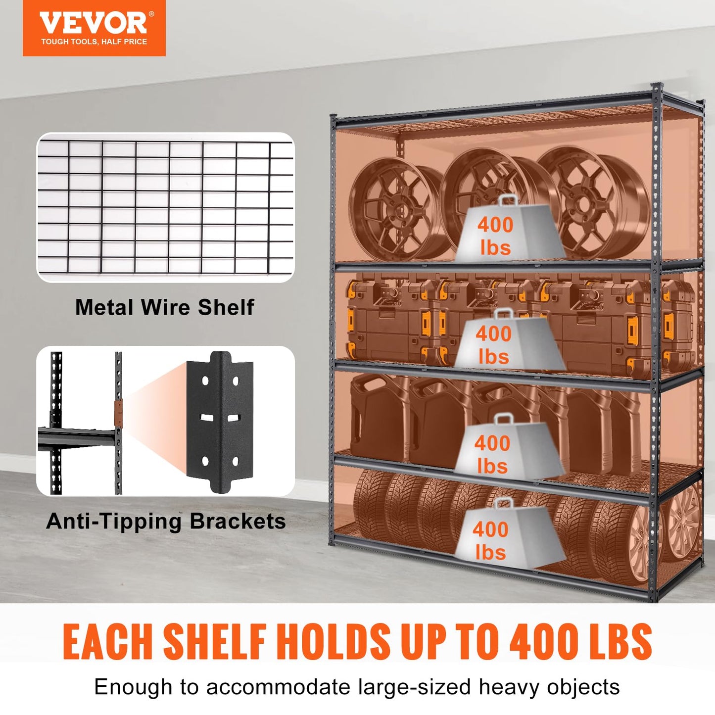 VEVOR Storage Shelving Unit, 5-Tier Adjustable, 2000 lbs Capacity, Heavy Duty Garage Shelves Metal Organizer Wire Rack, Black, 60" L x 24" W x 78" H for Kitchen Pantry Basement Bathroom Laundry Closet