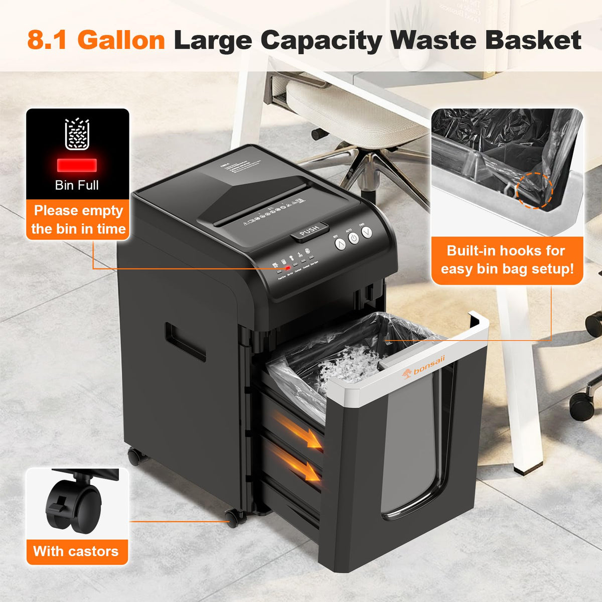 Bonsaii 200-Sheet Auto Feed Paper Shredder, 60-Min Nonstop Heavy Duty Shredders for Office, 8.1-Gal Bin, P4 High Security Micro Cut Large Commercial Paper Shredder for Business (C283-A)