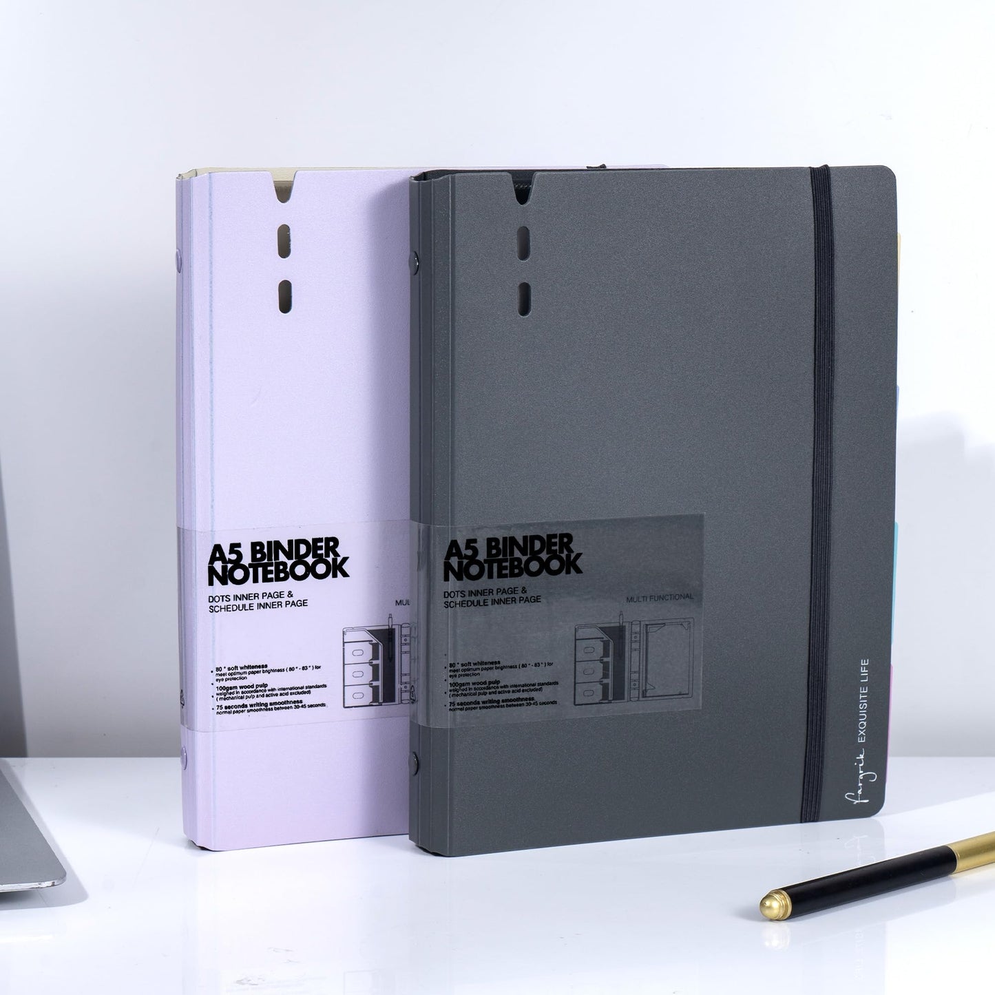 CAGIE A5 Binder 6 Ring Notebook with Dividers Refillable Planner Binder with Pockets, Refill Paper Include Planning Square Ruled and Dotted Pages, 6.89 x 9.25 in, (Grey and Purple, A5 Daily&Dot Page)