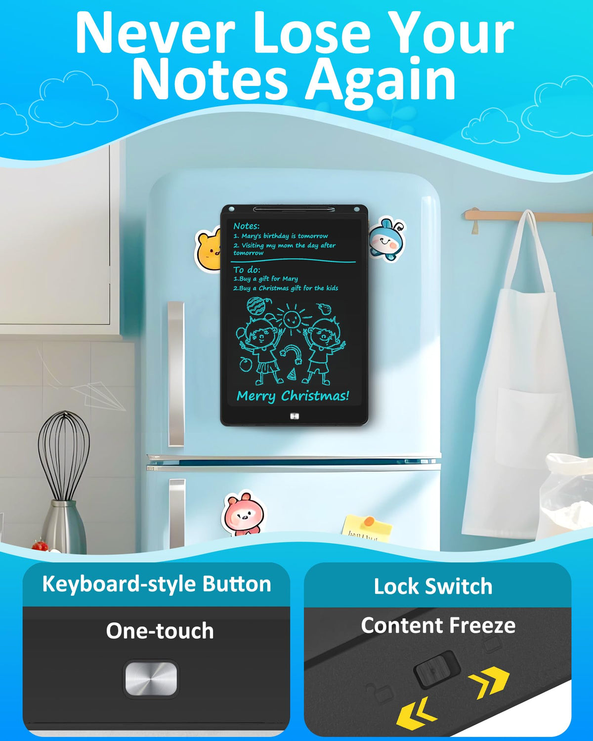 Magnetic LCD Writing Tablet for Fridge,16 Inch Large Drawing Tablet, Drawing Pads for Kids, Reusable Whiteboard for Fridge, Reusable Writing Board for to-Do Lists and Family Messages (Black)