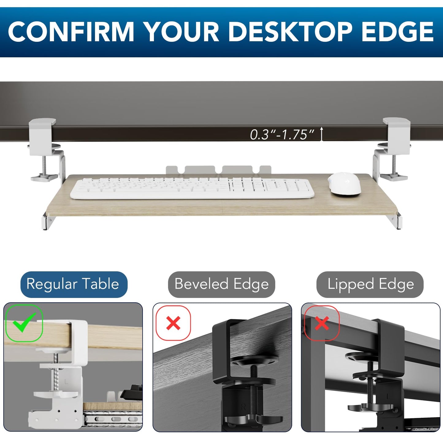 AX WABER Keyboard Tray Under Desk Pull Out with Extra Sturdy C Clamp Mount System, 27.3 (32.5 inch Including Clamps) x 11 Inch Slide-Out Platform Computer Drawer for Typing Grain AX01WG01