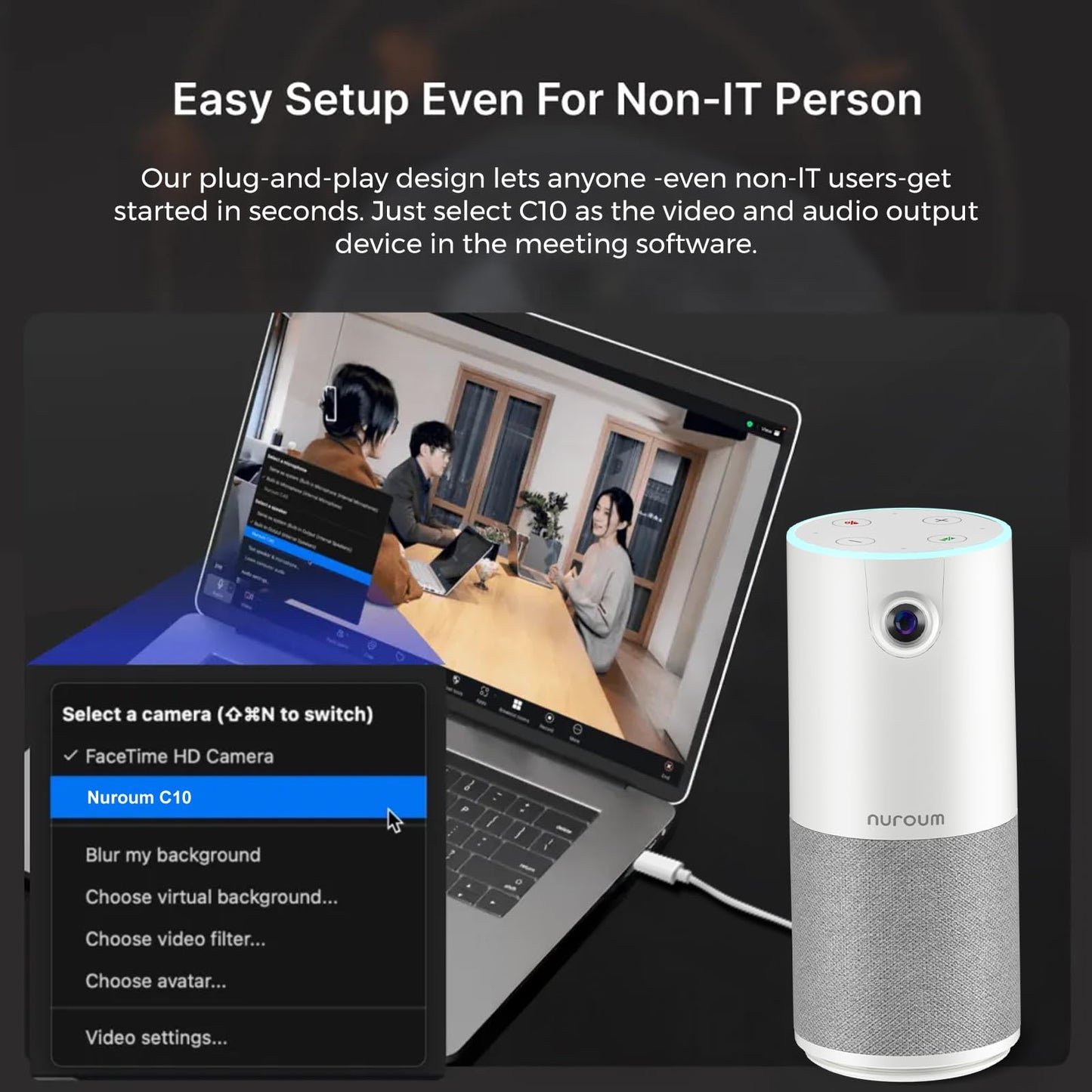 NUROUM C10(2nd Gen) 1080P Conference Webcam with Microphone Speaker, Portable All in One Computer Camera for Video Conference, AI Noise Cancellation & AGC, USB Plug&Play for PC/Desktop Zoom/Teams