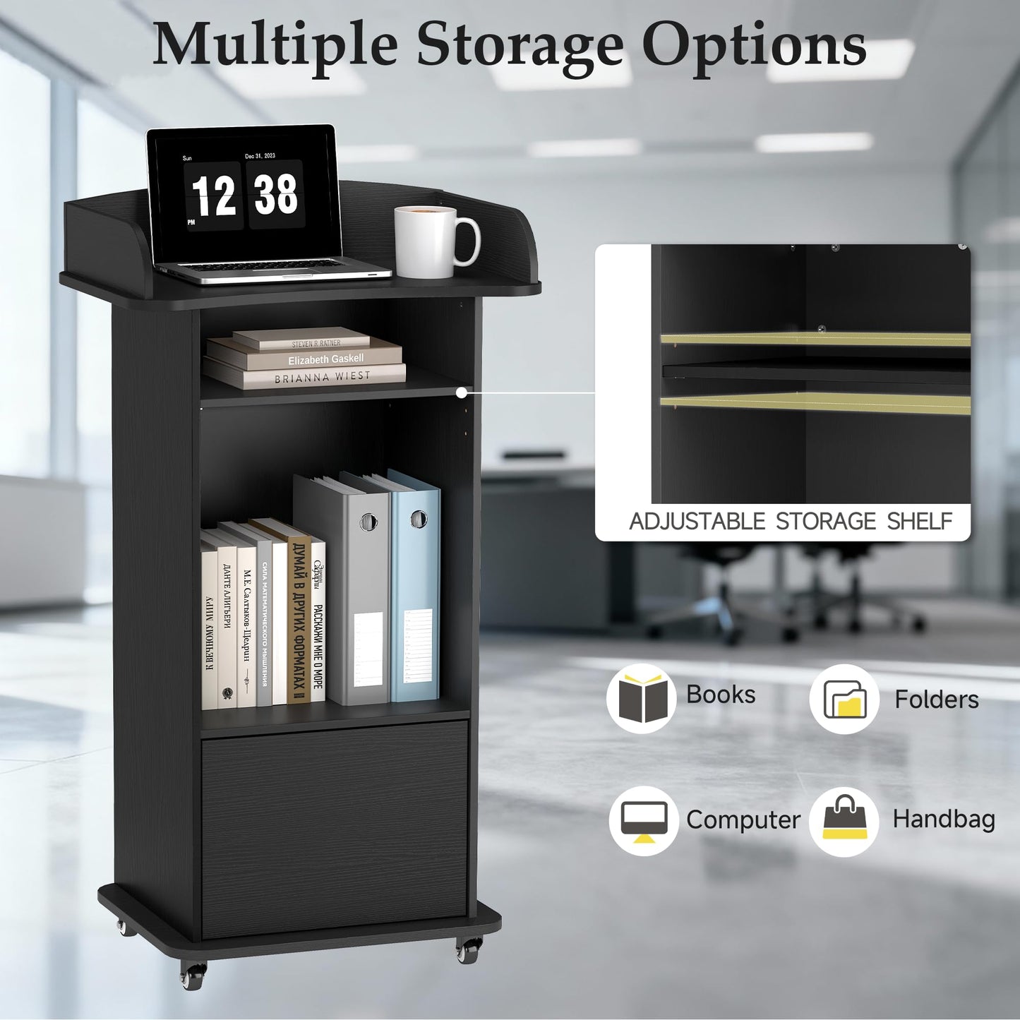 Suuiwau Portable Podium Stand with 4 Metal Wheels, Mobile Lectern Stand with Storage for Church Classroom Restaurant Reception Office Presentation, Wooden Pulpit Desk for Hostess Teacher (Black)
