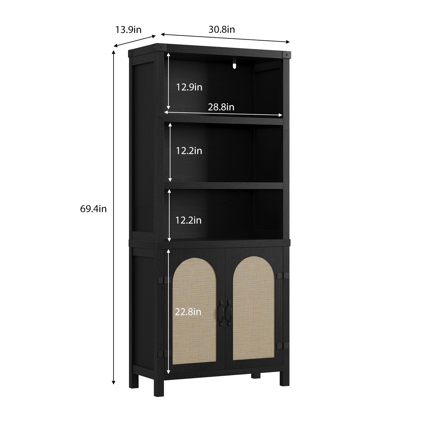 GarveeHome Bookshelf and Bookcase with Doors, 5 Tier Double Wide Large Bookshelves, Open Display Shelves, 70'' Tall Bookshelf with Storage Cabinets for Home Office, Living Room, Library, Black