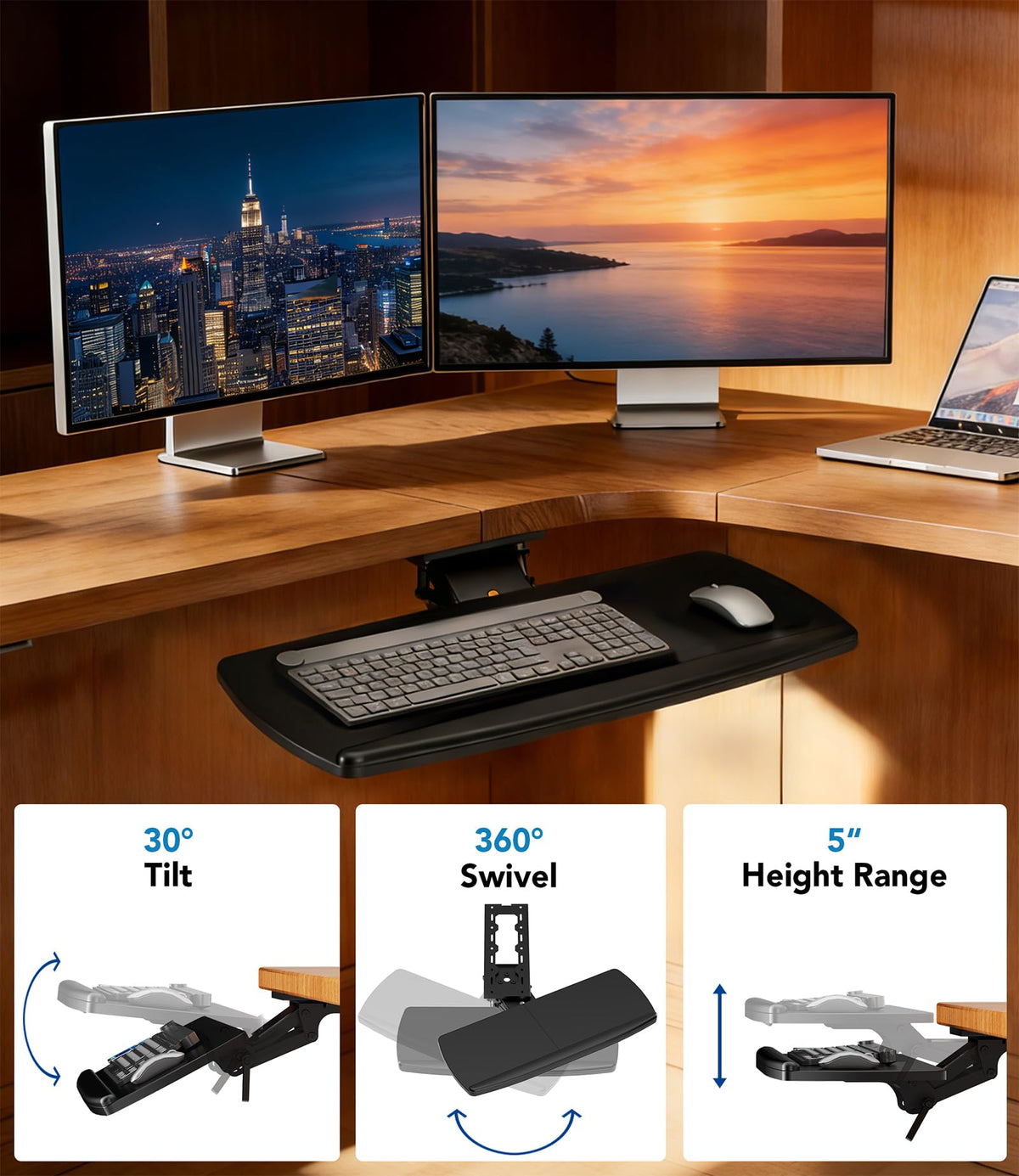 AX WABER Keyboard Tray Under Desk with Storage Drawer, Height Adjustable Keyboard Tray Slide Out 360° Swivel Tilt, Ergonomic Under Desk Mount Keyboard & Mouse Holder for Gaming Home Office, Black