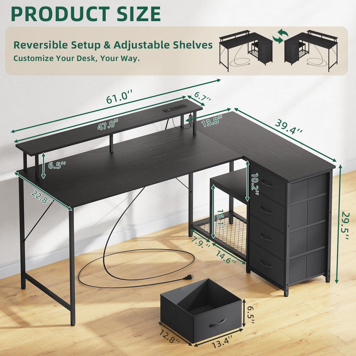 Somdot L Shaped Desk with 4 Drawers,61" Reversible Home Office Desks with Power Outlets,L Shaped Gaming Desk with USB Charging Port,Corner Desk with Storage Shelves,Easy to Assemble,Black