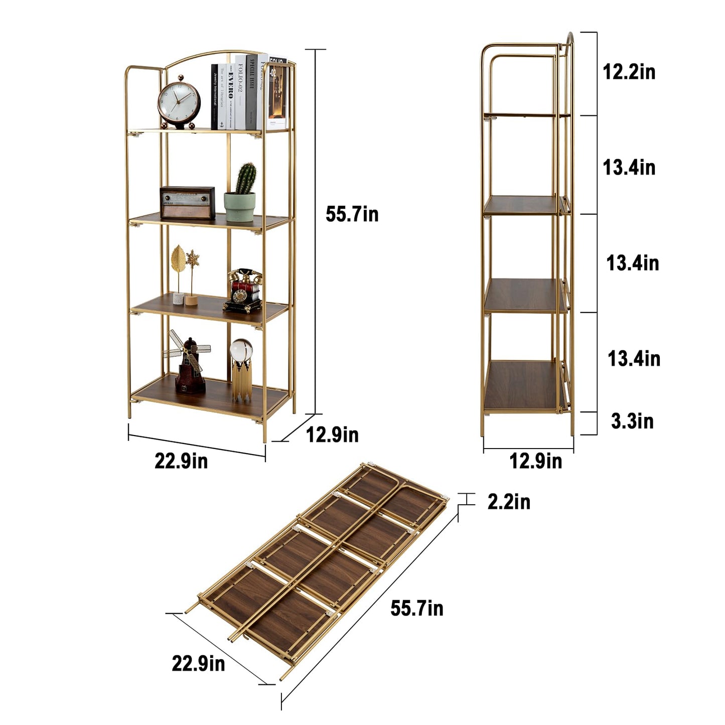 Crofy No Assembly Folding Bookshelf for Living Room, 4 Tier Gold Collapsible Book Shelf for Home Office, Portable Bookcase Storage Organizer