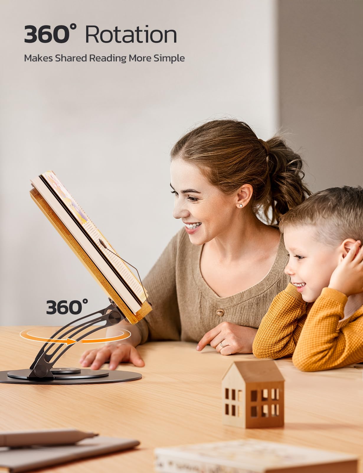 Nulaxy Bamboo 360 Rotating Book Stand for Reading, Adjustable Textbook Holder for Reading Hands-Free, Foldable Desktop Cookbook Stand with Protective Page Clips, Fits All Books - Gray