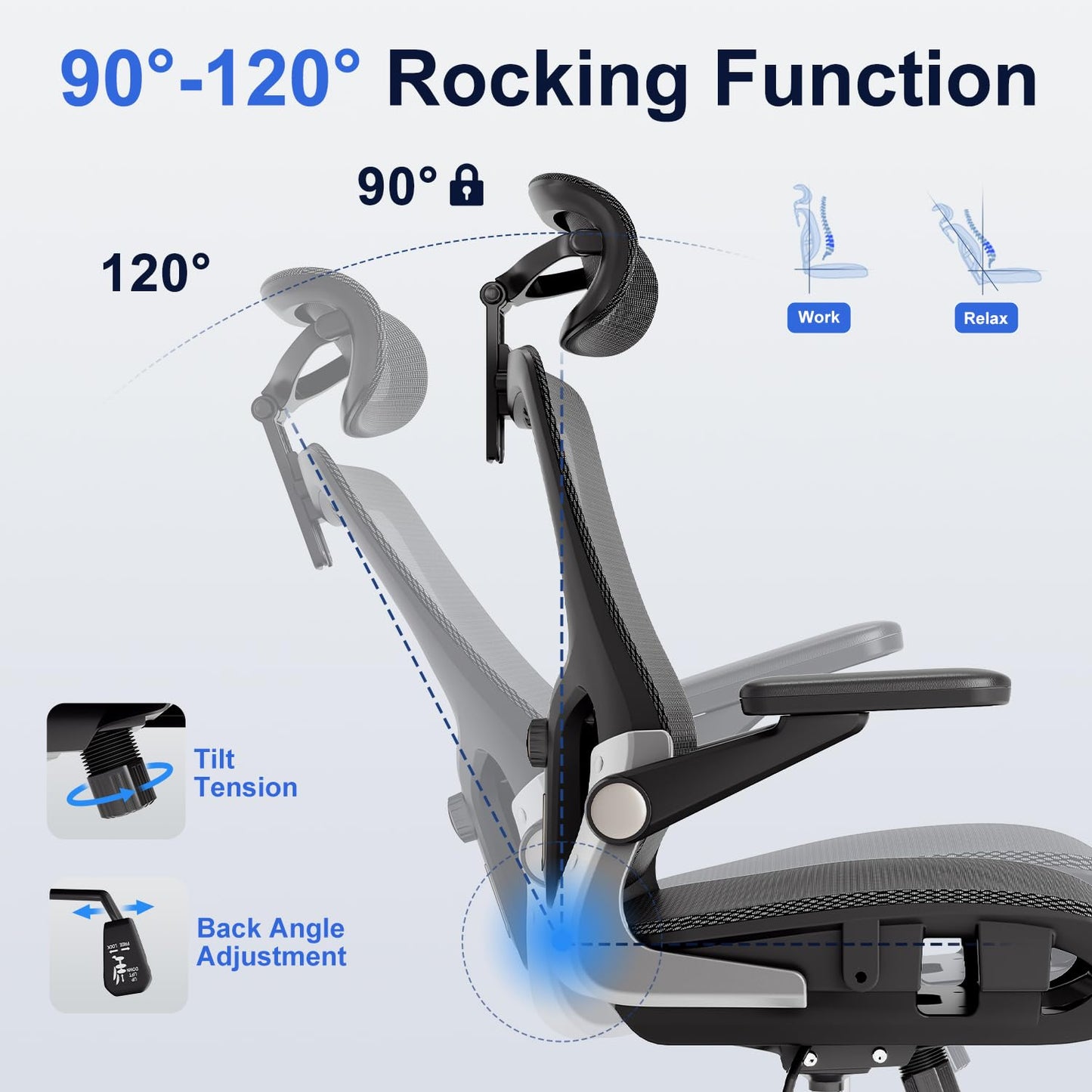 marrap Ergonomic Office Chair, Mesh Seat Cushion with 3D Armrests and 3D Headrest, Adjustable Lumbar Support with 90-120° Rocking Function, Black