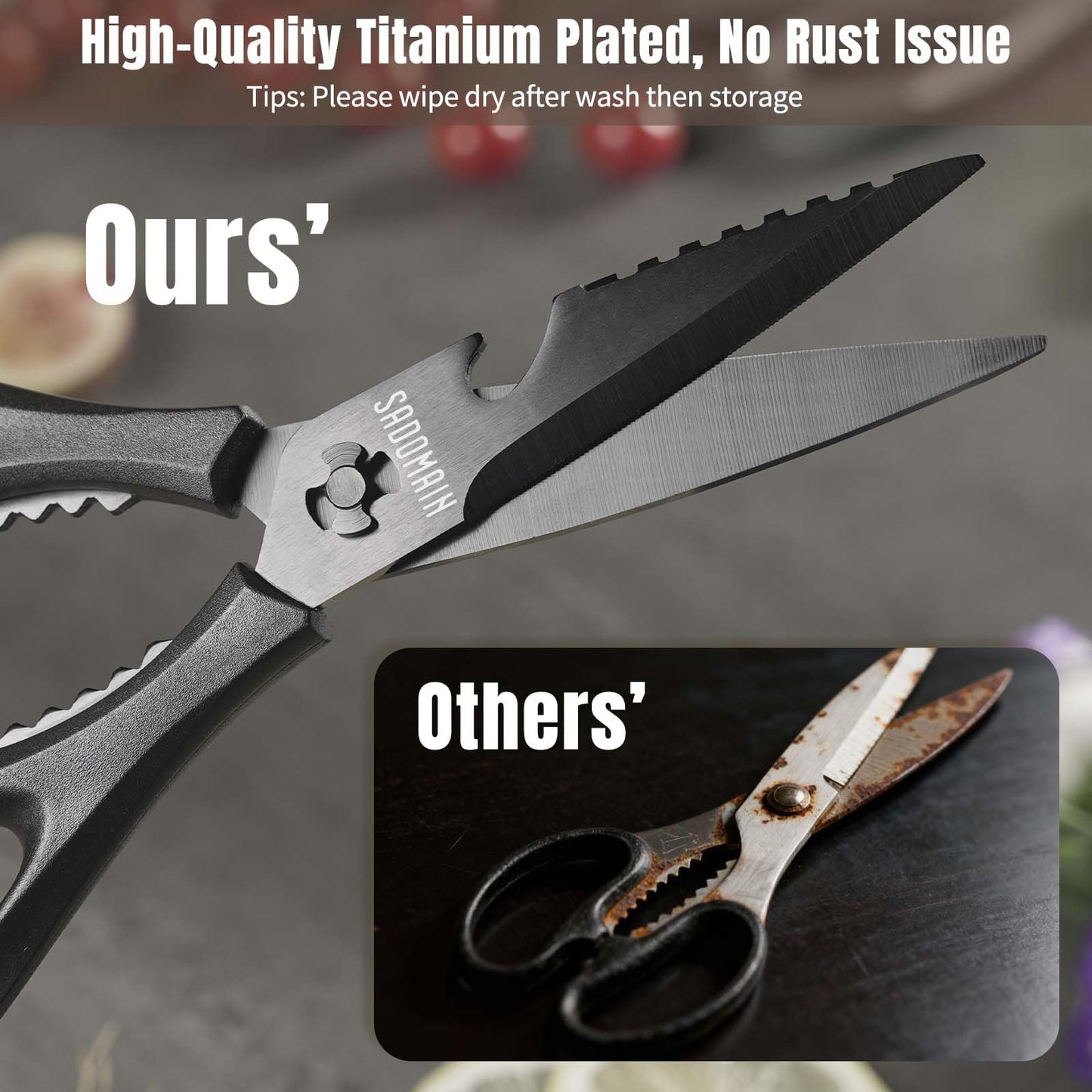 SADOMAIN Kitchen Scissors All Purpose, Extra Sharp Kitchen Shears with Knife Sharpener & Sheath, Solid & Durable Stainless Steel Scissors with ANTI-RUST Black Titanium Plated, Dishwasher Safe - Black