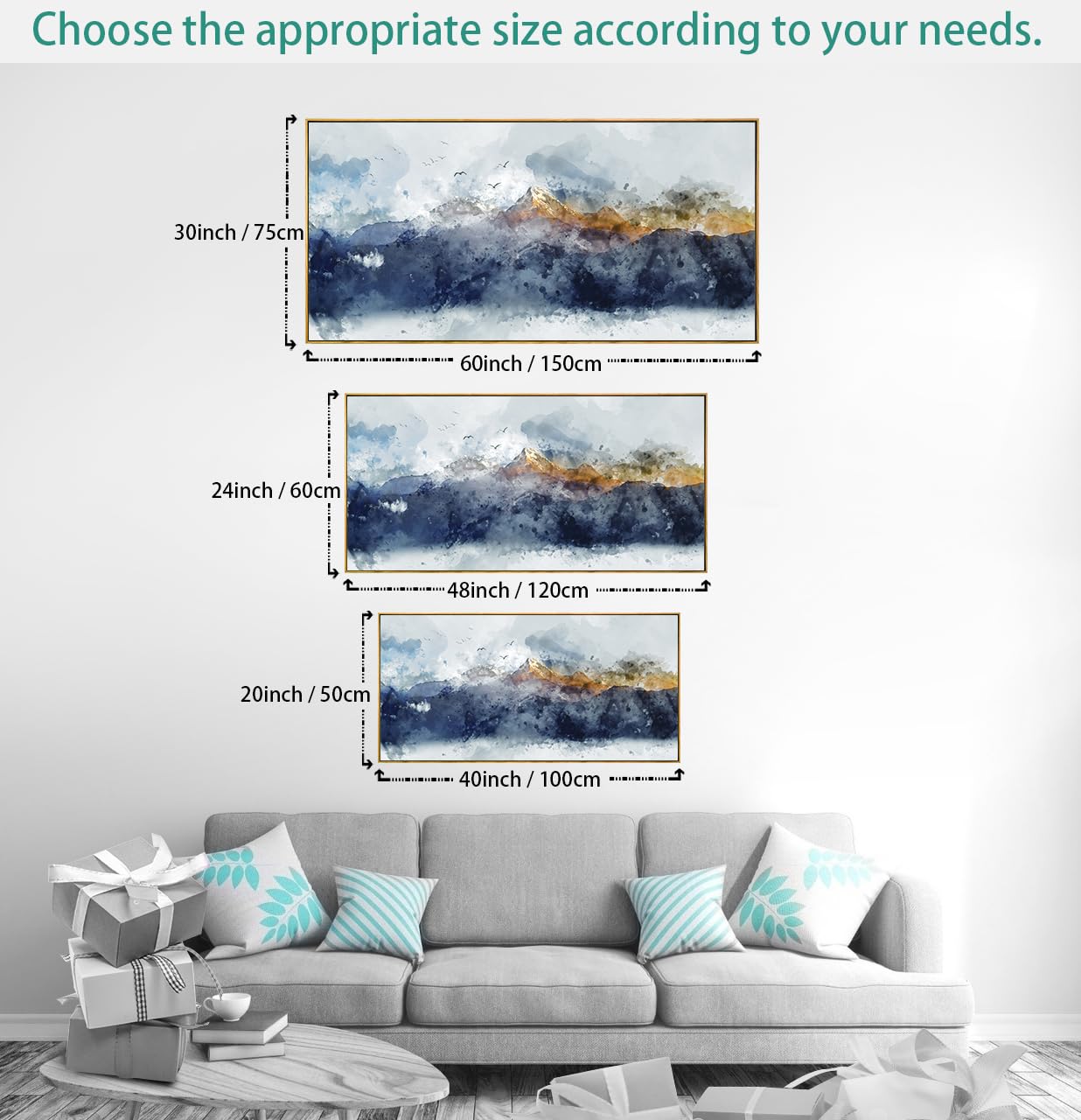 vgrozirh Framed Ready to Hang Wall Art Blue Clouds Yellow Mountain Peaks Indigo Ink Abstract Mountain Landscape Artwork Canvas Painting Prints for Living Room Bedroom Office Large Decor 24"x48"