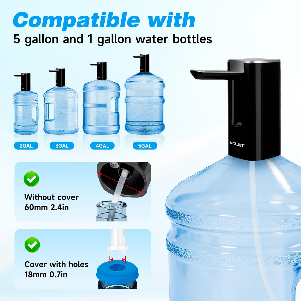 Water Dispenser for 5 Gallon Bottle with Digital Display, 4 Dispense Modes, Portable USB Charging Electric Water Pump, Foldable Spout, Food-Grade Water Jug Pump for Home, Office, RV, Campin(Black)