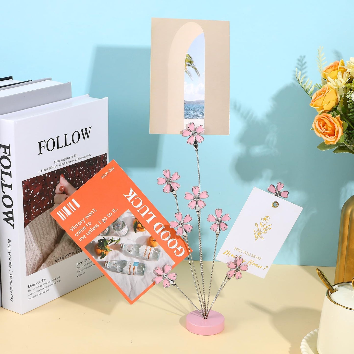 8 Branch Photo Tree Holder, Pink Cherry Blossom Gift Card Display Stand with Clips for Pictures, Memo Notes, Office Home Desk Décor