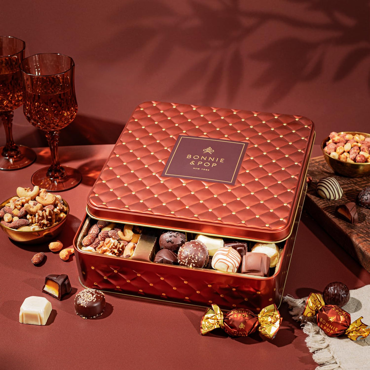 Gourmet Chocolate & Nut Gift Basket – Assorted Individually Wrapped Chocolates, Truffles, Cashews, Peanuts & Salty Nut Mix – Keepsake Gift Tin for Easter, Birthdays, Corporate, Family & Holiday Gifting- Bonnie and Pop