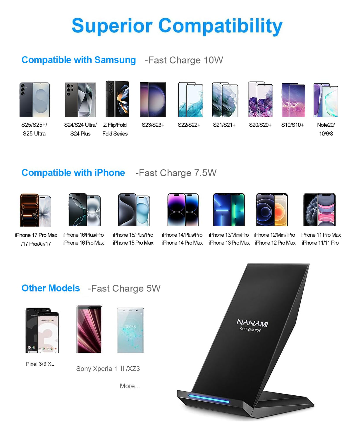 Fast Wireless Charger, NANAMI Wireless Charging Stand Compatible iPhone 17/17 Air/16/15/15 Pro/15 Plus/15 Pro Max/14/13, Nightstand Phone Charger Dock for Samsung Galaxy S26/S26+/S25/S24/S23/S22