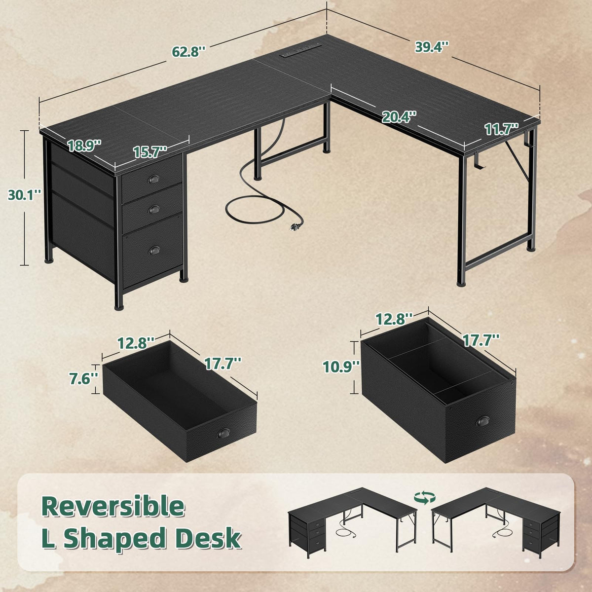 Furologee 63" L Shaped Computer Desk with Power Outlet & USB-C Port, Reversible Home Office Desk with 2 Fabric Drawers, File Cabinet, Hooks, Large Corner Table for Gaming, Writing, Work, Black