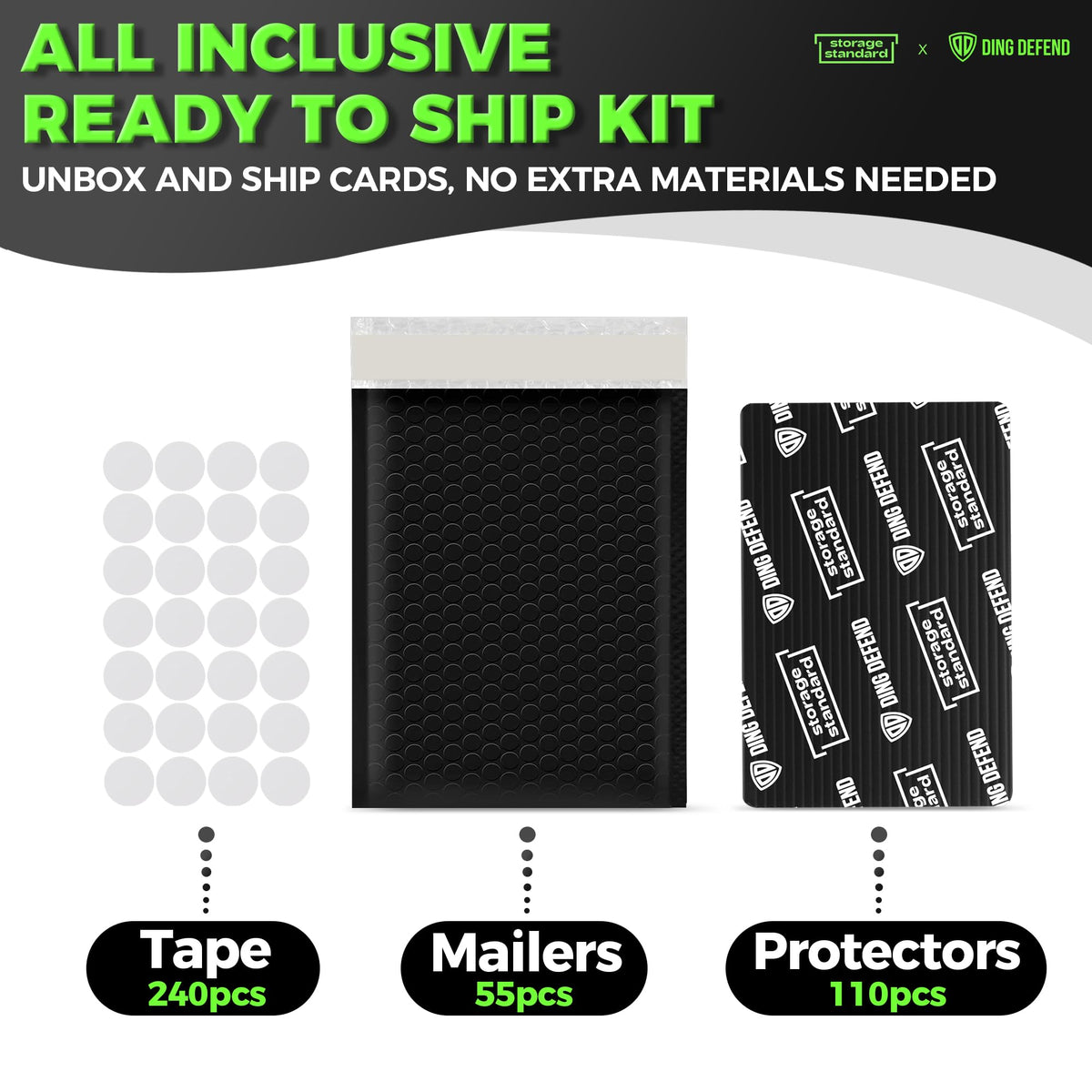 Ding Defend Trading Card Shipping Kit - Includes 110 4’’ x 6’’ Protectors, 55 Envelope Bubble Mailers, 240 Tape Seals for Slabs & Collectible Cards - Black