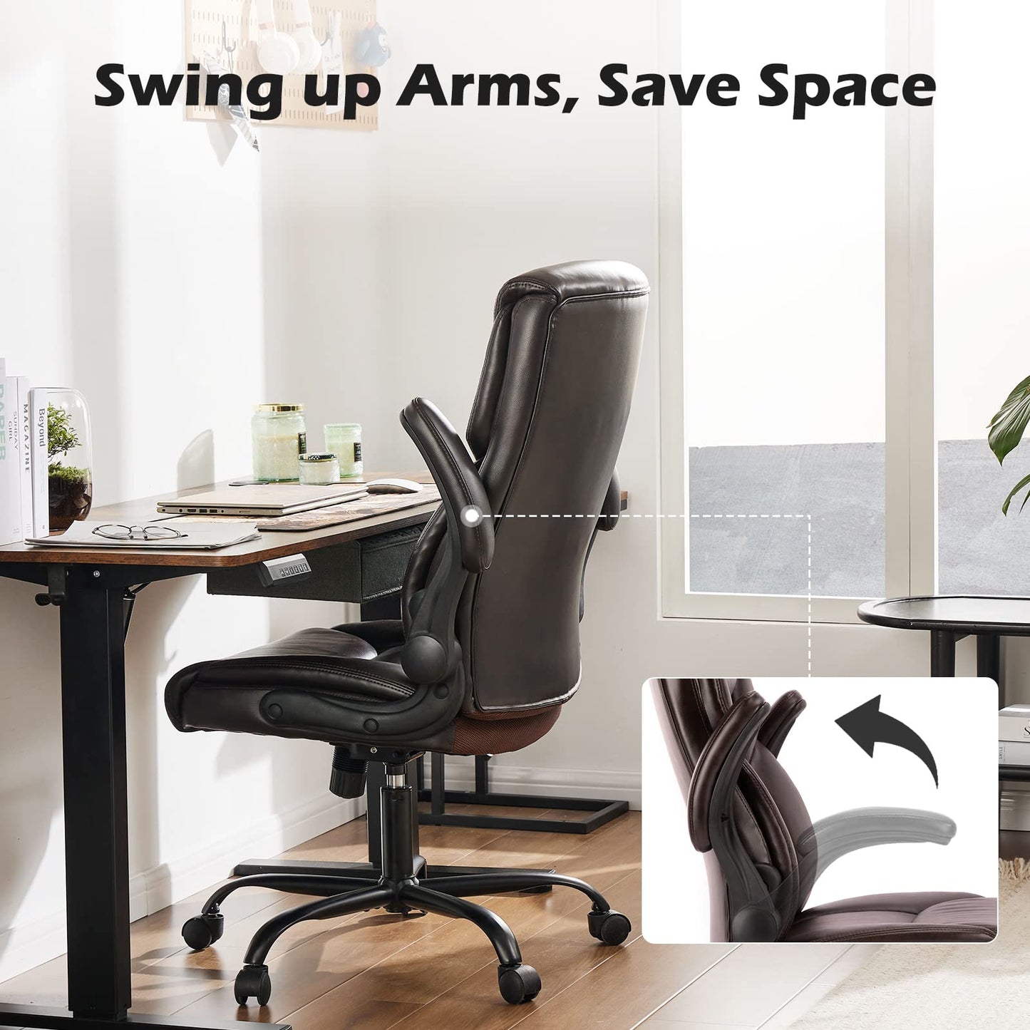 DUMOS PU Leather Office Chair - Ergonomic Executive Computer Desk Chairs with Adjustable Flip-up Armrest, Swivel Task Chair with Lumbar Support, Strong Metal Base,Dark Brown