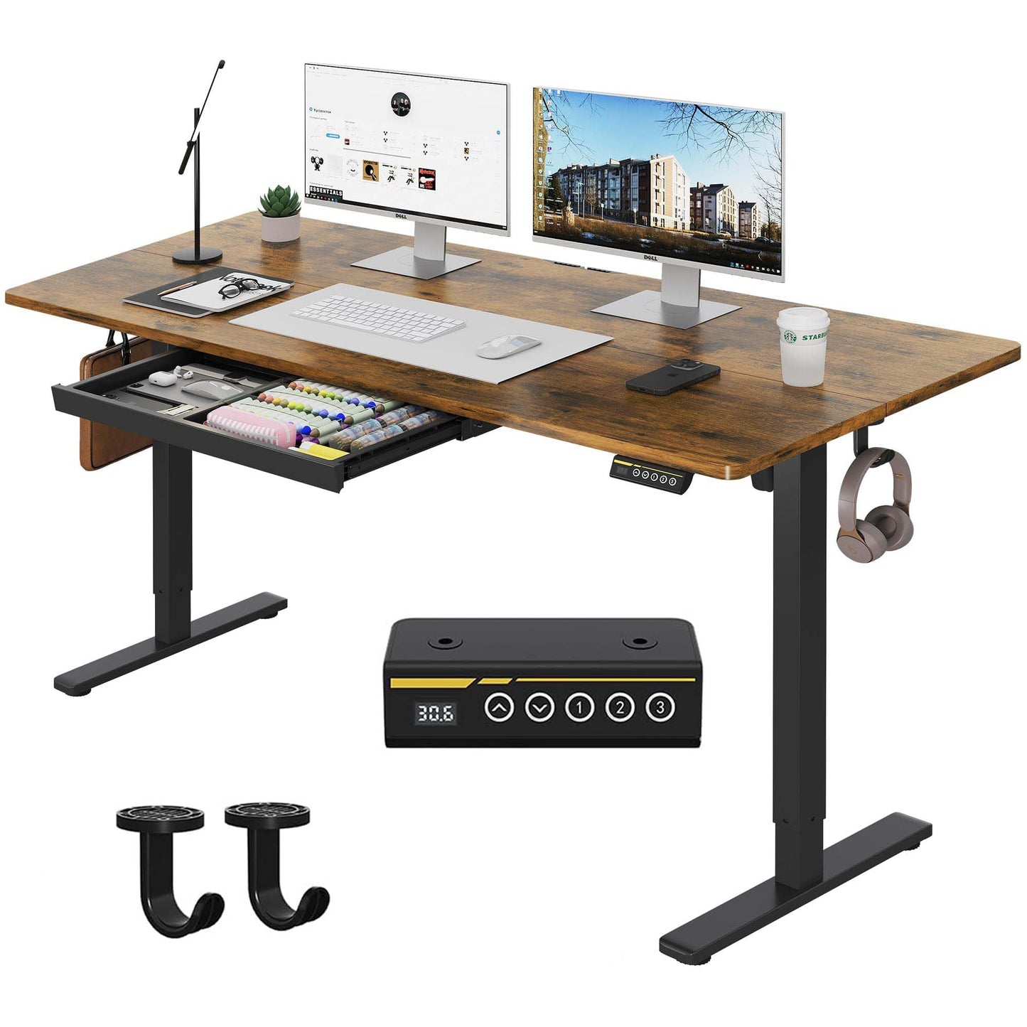 Gamork Electric Standing Desk with Drawers,48x24 inches Height Adjustable Sit-Stand Desk with Storage Shelf,3 Preset Heights,Equipped with Hooks,Ergonomic Gaming Table for Home and Study，Brown