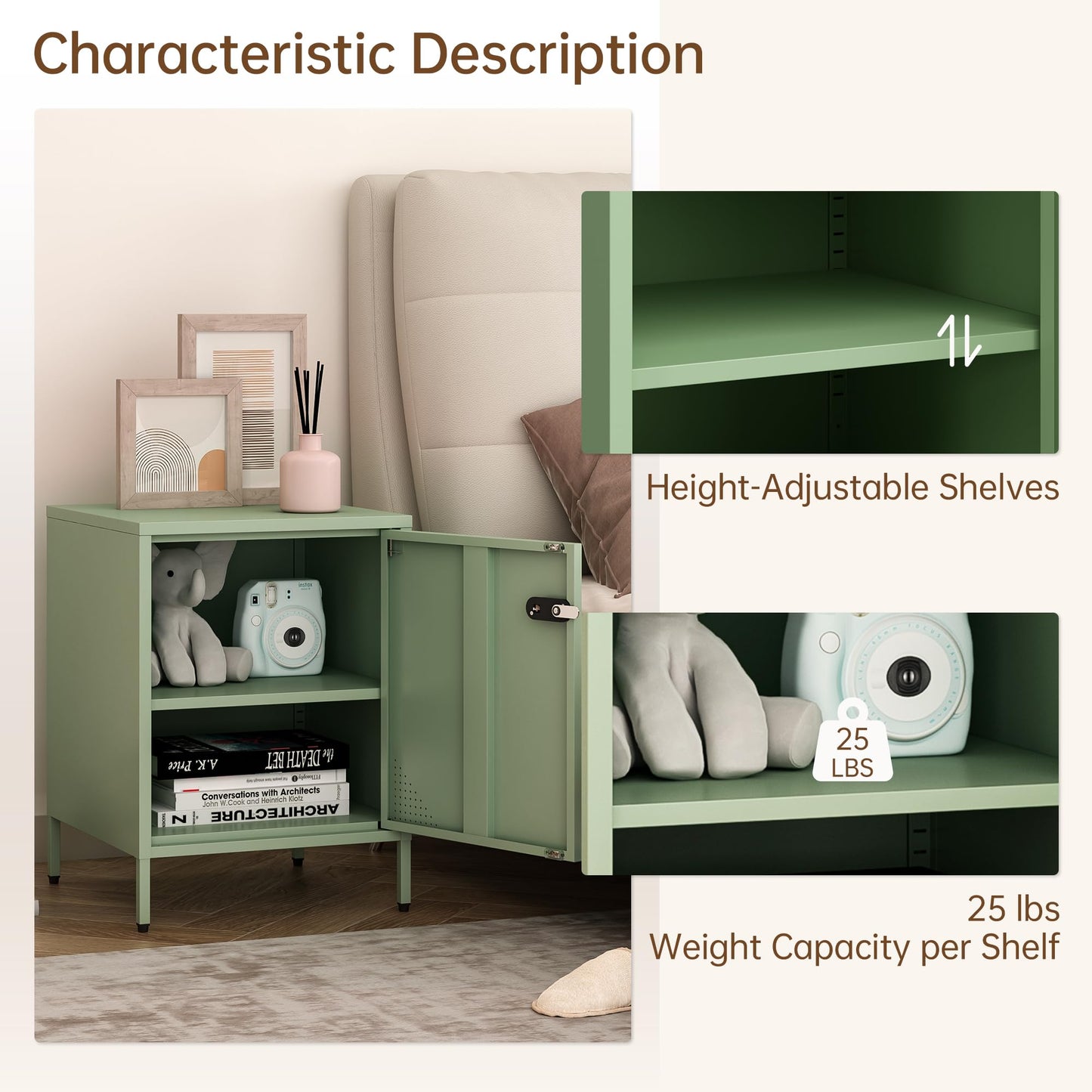 Steehoom Locker Nightstand Metal End Table Single Door Bedside Cabinet Lockable Storage Cabinet for Living Room, Bedroom, Dorm,Home, Office 21.26”H X 15.75”W X 15.75”D (1 Door, Green)