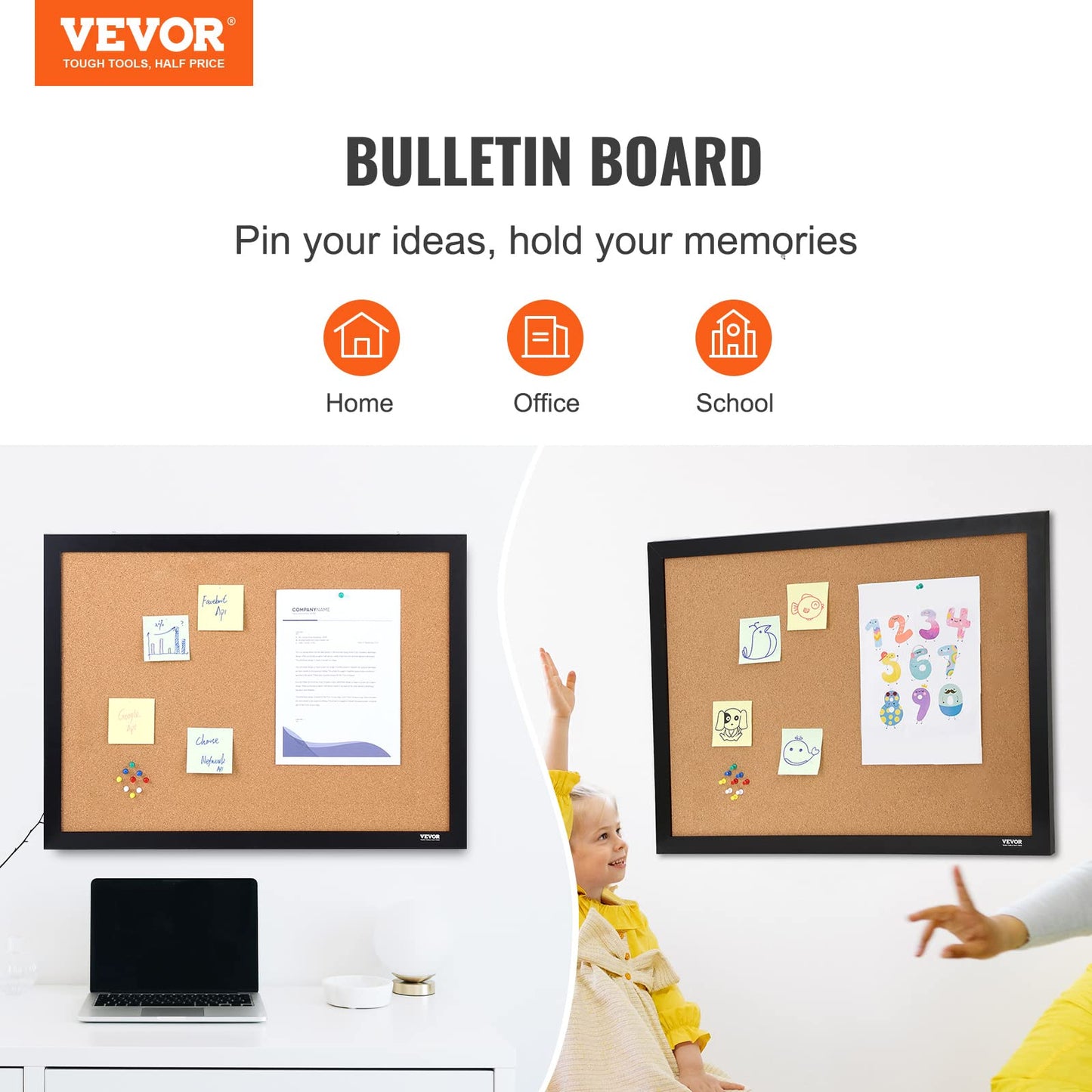 VEVOR 24 x 36 Cork Board, Large Bulletin Board with Black MDF Frame, Wall Mounted Pin Board for Office, School and Home Decor, Hanging Message Board for Pictures and Notes, 10 Push Pins Included