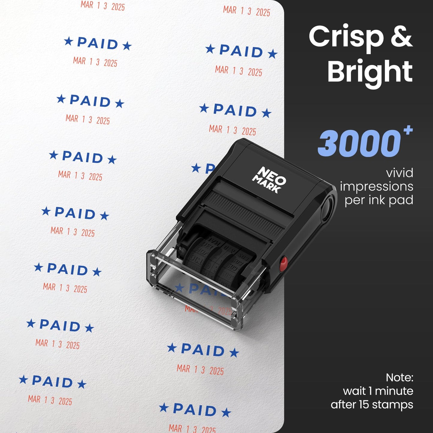 NEO MARK Self-Inking Date Office Stamp with Paid Blue Ink & Date Red Ink, 12-Year Adjustable Rubber Dater, Ideal for Documents, Business & Accounting - with an Extra Refill Ink Pad