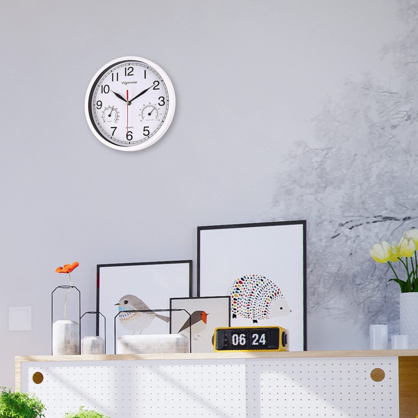 Vigorwise 8 Inch White Wall Clock, Sweep Silent Movement Accurate Clocks with Temperature & Humidity, Decorative for Kitchen/Living Room/Bedroom/Office/School/Classroom