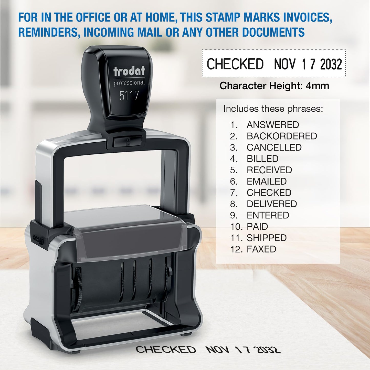 Trodat Professional 5117 12-Message Stamp, Dater, Self Inking, 2-1/4" x 3/8", Black