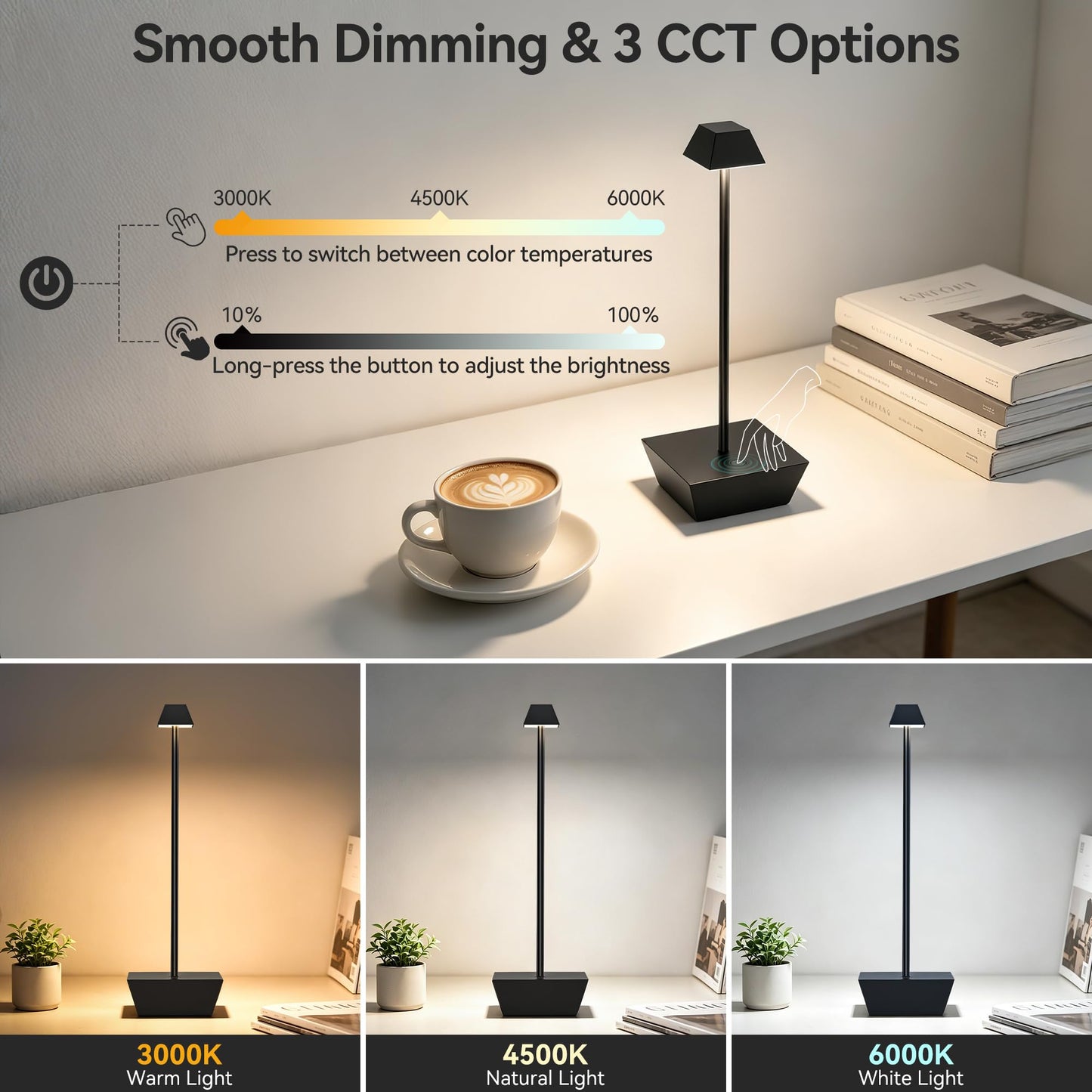 Hebangya Modern Cordless Table Lamps Set of 2,Rechargeable Battery Operated Lamp for Bedroom,Restaurant,Dining Room,Restaurant,Outdoor,Camping,Coffee Shop,Night Light(Black)