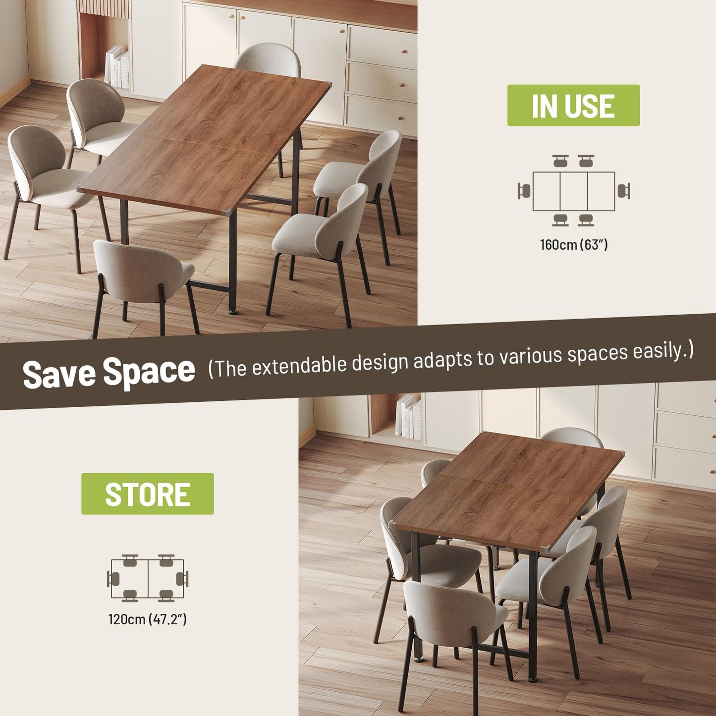 STHYTON 47.2"-63" Extendable Dining Table, Kitchen Table for 4-8 People, Modern Dinner Tables Furniture for Dining Room, Kitchen, Office, Living Room, Space Saving, Walnut and Black