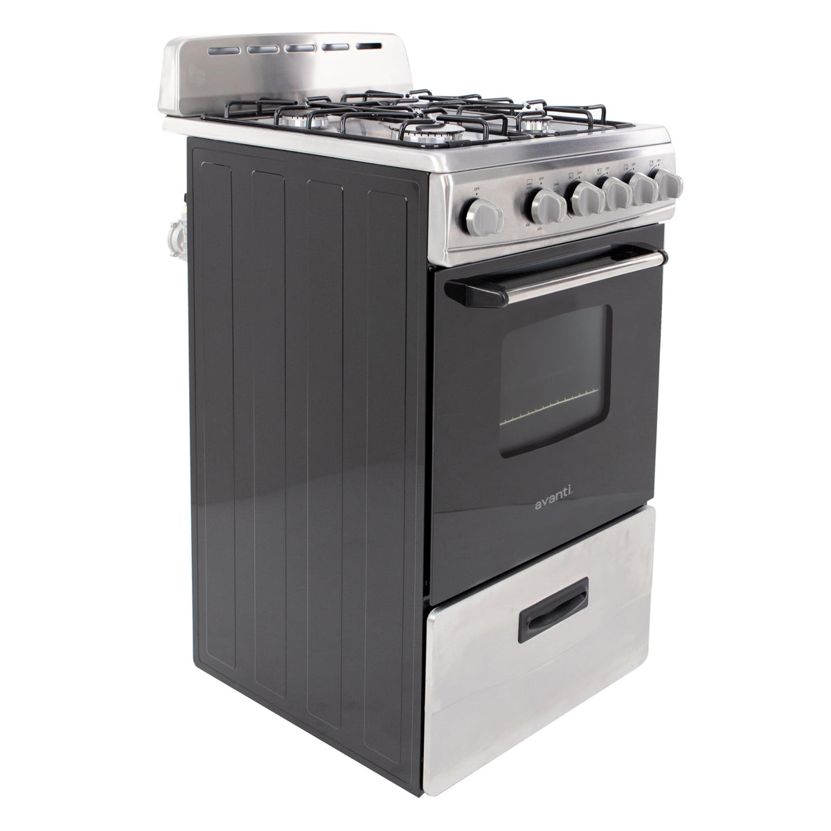 Avanti Gas Range Oven, Compact Freestanding Design, 4 Sealed Burners with Electronic Ignition, 2.1 Cu.Ft. Capacity Features Storage Drawer Broiler and Accessories, 20-Inch, Black
