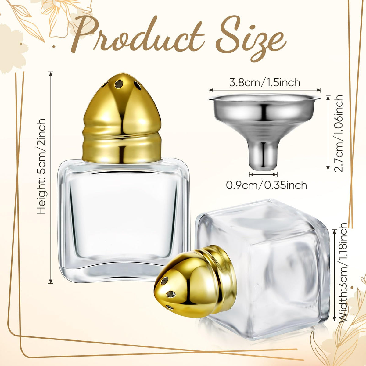 Maxcheck 50 Pcs 0.5 oz Small Cube Shape Salt and Pepper Shakers with Tone Tops Clear Mini Glass Seasoning Jars Spice Salt Shakers with Funnel for Home Wedding Party Restaurant Kitchen (Gold)