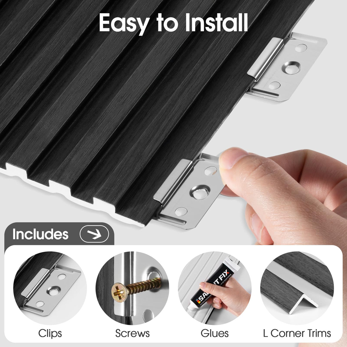LARWORKS WPC Acoustic Slat Wall Panels 8-Pack 96'' x 6'', Accent 3D Wall Panel for Interior Wall Decor, Waterproof Fluted Textured Panel Wall Slats,Solid Black (Cover Approx.32 sq.ft)