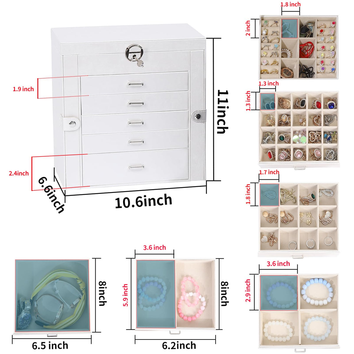 BOOVO Jewelry Box For women, 6 Layer Large Jewelry Organizer With Mirror, Multi-Function Storage Box With Lock, Accessory Holder With 5 Drawers, For Earrings Necklace Ring Bracelet (White)
