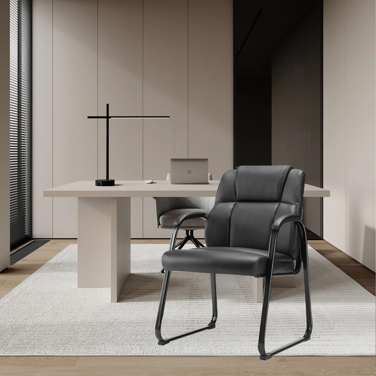 Simple Deluxe Leather Guest Chairs with Padded Arms & Sled Base - Set of 1 Stationary No Wheel Waiting Room Chair for Conference Reception Rooms, Lobby, Home Office Computer Desk, Bedroom, Black
