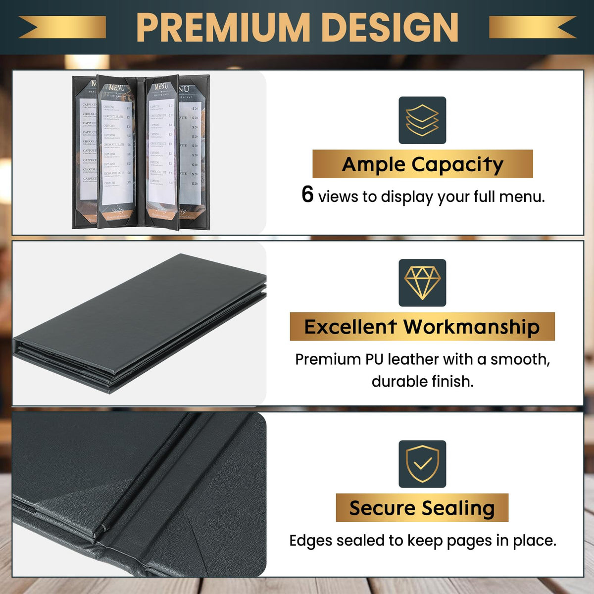 AMGSH Menu Holder Menu Covers 4.25" x 11" | 10 Pack Black Leather Menu Sleeves Book Style for Restaurant Coffee Bars Wine List (6 View, 10 Pack)