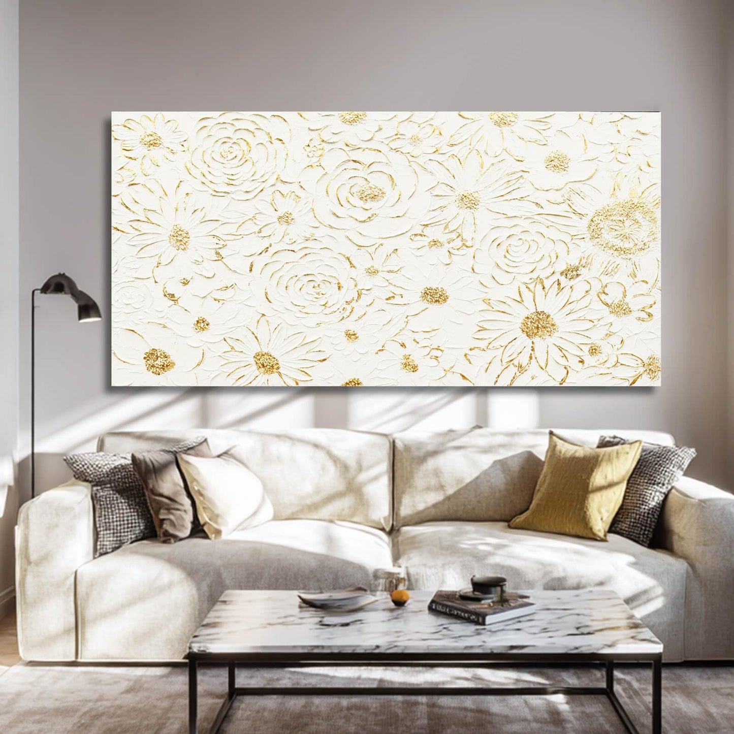 YJYart Large White Canvas Wall Art, Gold Flowers Wall Art for Wall Decor,Office Arts,Living Room or Bedroom Artwork Picture, Hallway Decoration 24"x48"