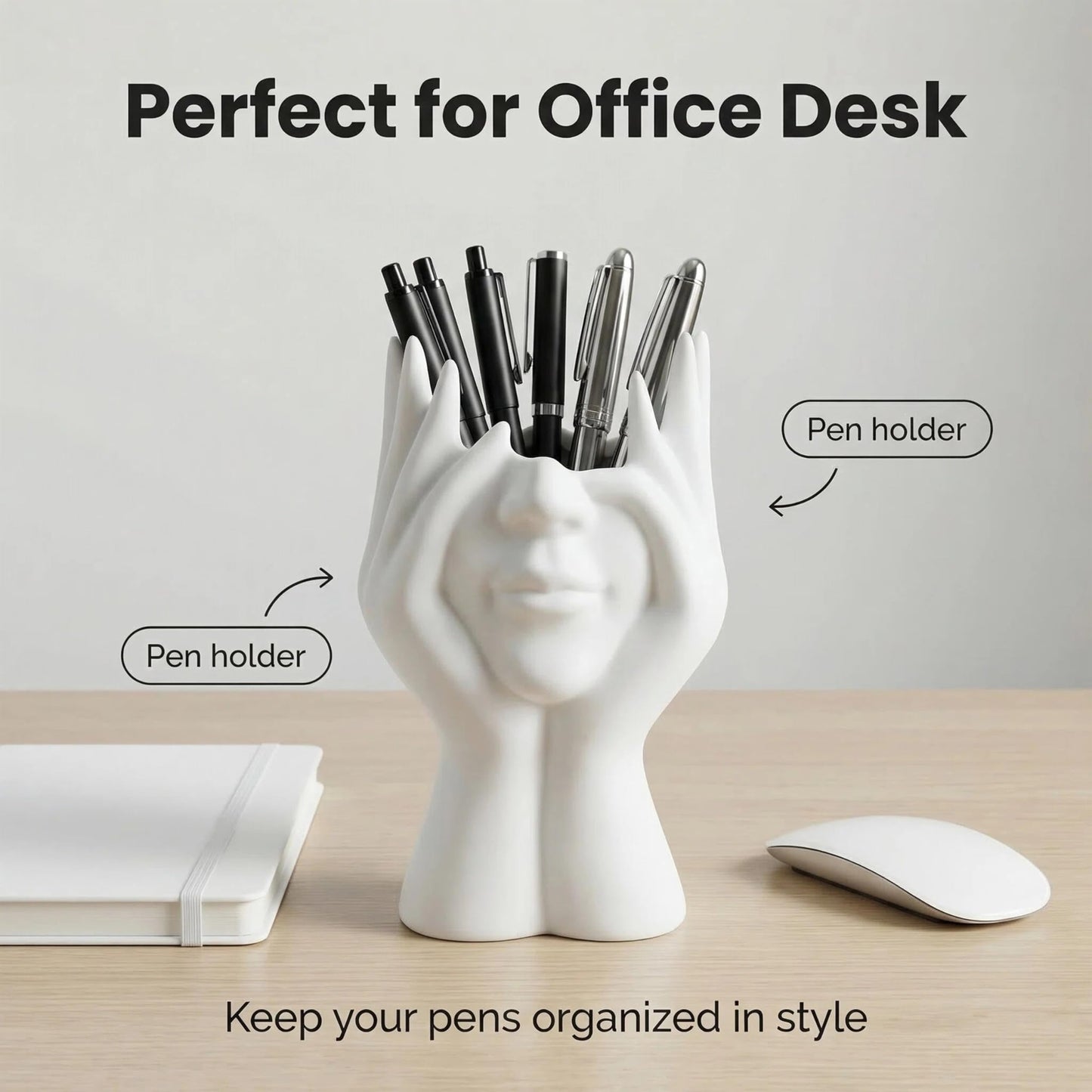 Abstract Human Body Art Tabletop Sculpture Makeup Brush Holder & Office Desk Pen Holder, Multi-Use Home Office Desk Decor, White Face Figurine Gift for Women Men