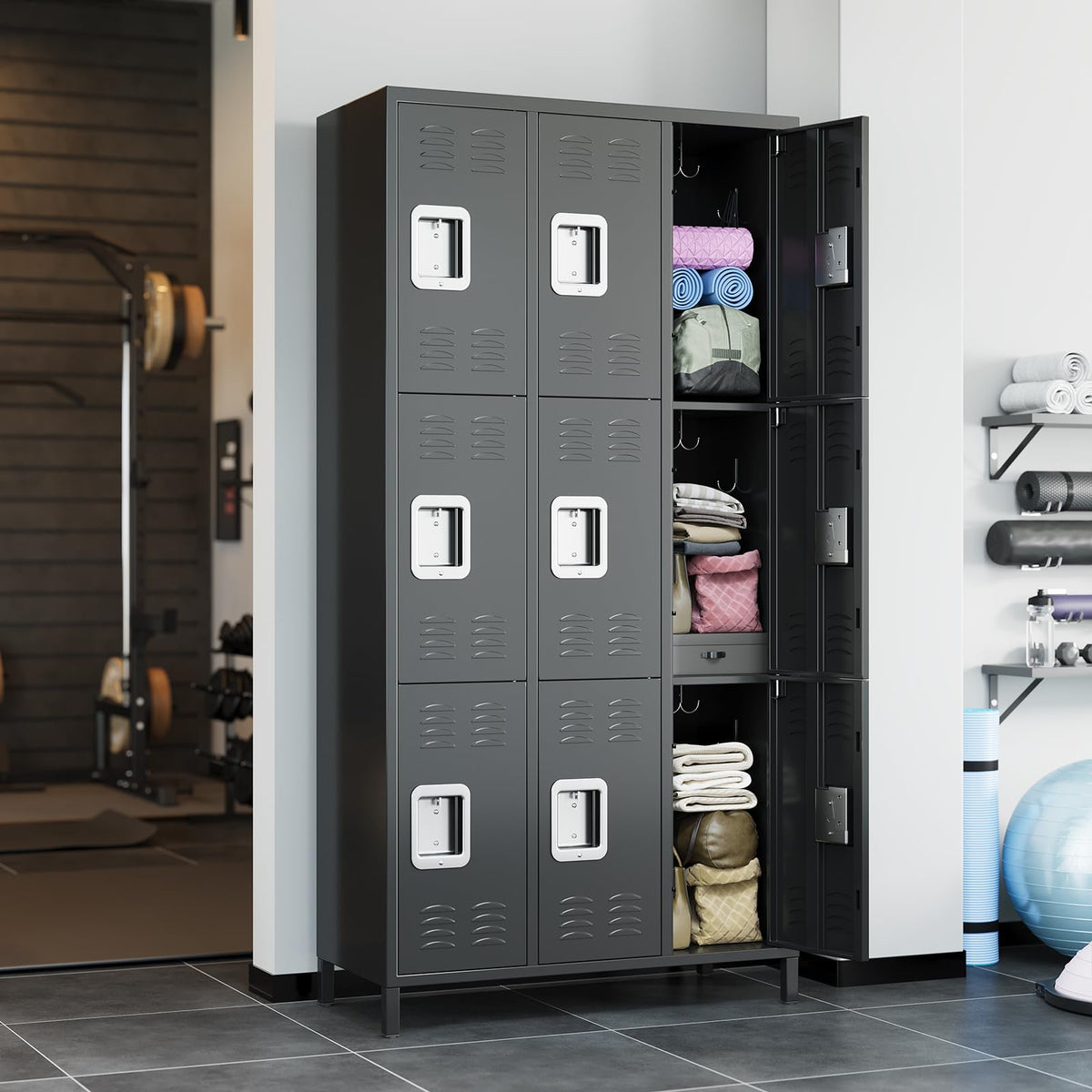 9 Door Locker Cabinet, Metal Lockers for Employees, Lockers Cabinet with 27 Hooks, Industrial Locking Cabinets with Ventilation Holes for Office, School, Gym, Warehouse, Easy Assembly, Black