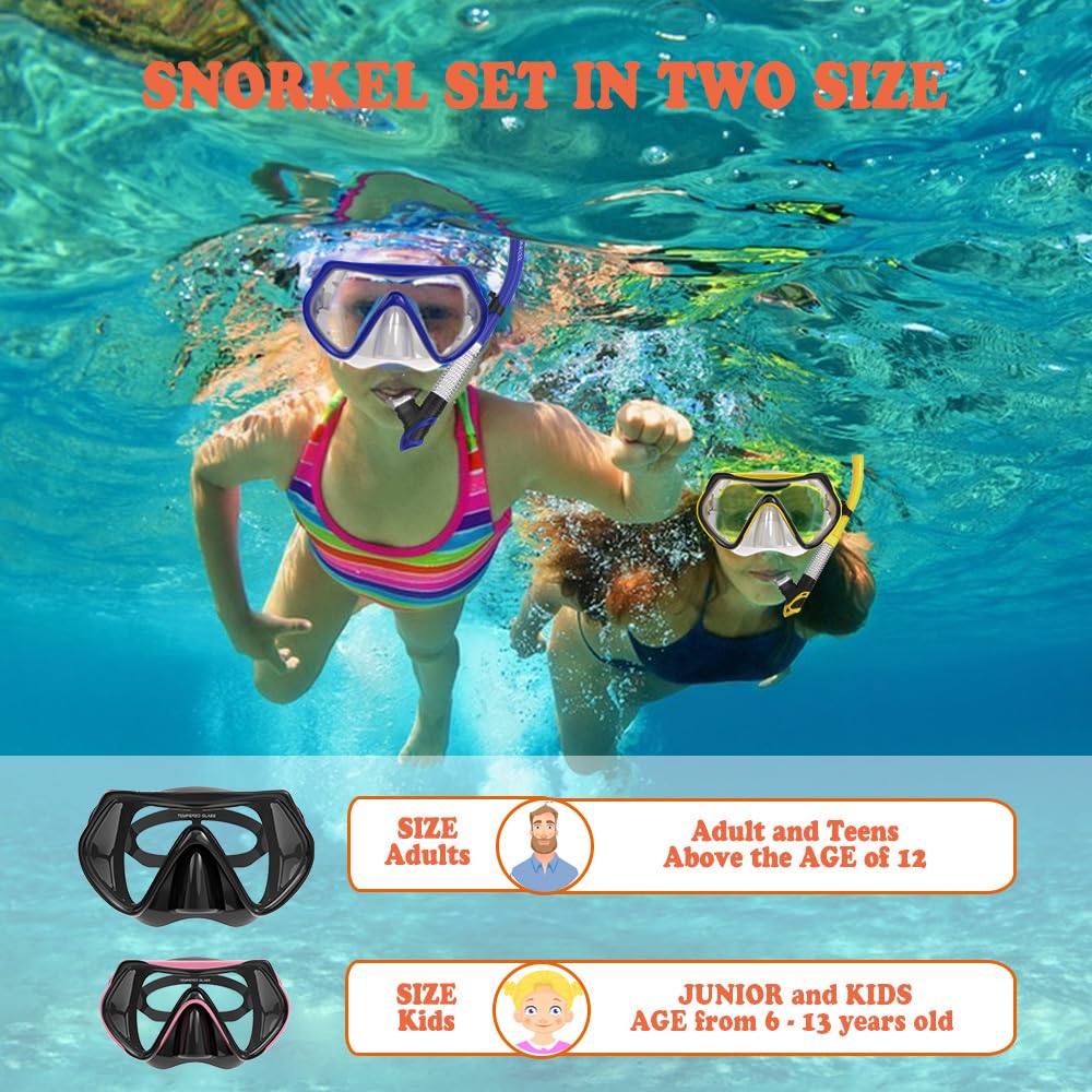 WACOOL Professional Snorkeling Snorkel Diving Scuba Package Set with Anti-Fog Coated Glass Purge Valve and Anti-Splash Silicon Mouth Piece for Men Women (Adults,Black)