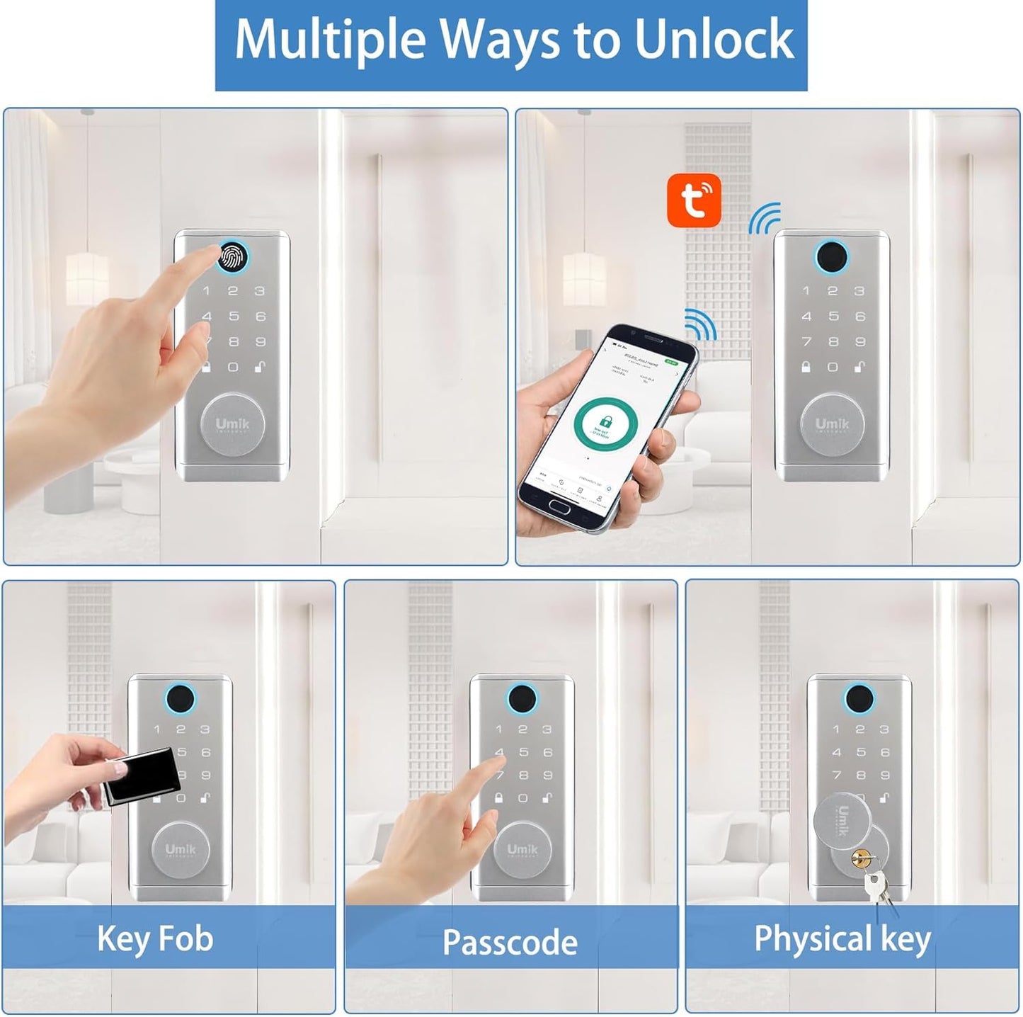 UMIKSMART Smart Door Lock with Handle 7 in 1 Keyless Entry Fingerprint Door Lock with Keypad IC Card Physical Key Tuya App Bluetooth Auto-Lock IP65 Waterproof for US Wooden Doors Matte Silver