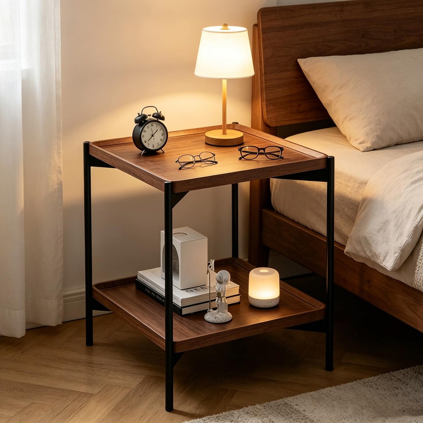 GTIWROTN 2 Tier Side Table, Small Square End Table with Sturdy Metal Legs, 20 inch Nightstand for Living Room, Bedroom, Office and Small Spaces (Walnut)