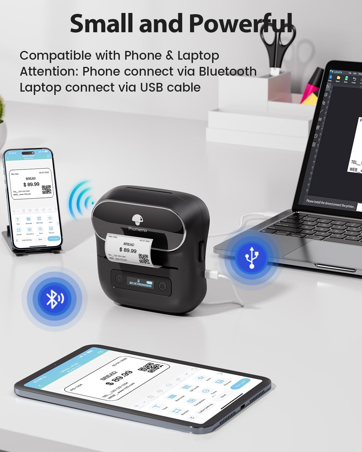 Phomemo M220 Bluetooth Label Maker - 3.14" Portable Thermal Printer with 3 Label, 2200mAh Battery, iOS/Android Compatible, for Small Business Home Office Organization & Barcodes
