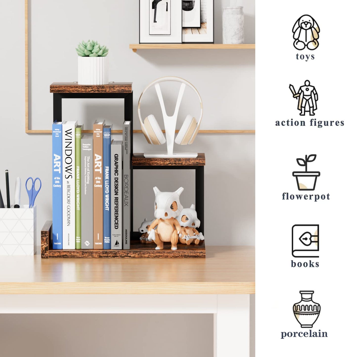 Gannyfer Office Decor Desk Shelf Organizer - Wood Desktop Shelf, Freestanding Desk Hutch, 3 Tier Storage Display Rack, Small Bookshelf with Metal Frame for Books/Plants/Toys (Rustic Brown Black)